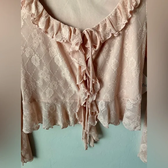 NWT La Peche Baby Pink Lace Ruffle Blouse Front Tie Top Fairycore Coquette - Picture 5 of 6